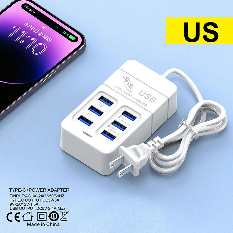 35W Multiport USB Charger PD Type C Fast Charging US Plug Wall Charger USB Hub Adapter 6 Ports USB Quick Mobile Phone Charger