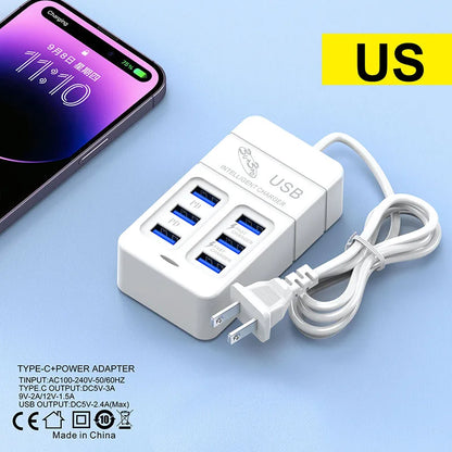35W Multiport USB Charger PD Type C Fast Charging US Plug Wall Charger USB Hub Adapter 6 Ports USB Quick Mobile Phone Charger