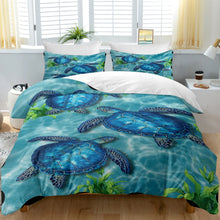 Load image into Gallery viewer, 3pc Three Blue Sea Turtles Design Bedding Set Ocean Theme Quilt Cover with Zipper Closure 1 Duvet Cover and 2 Pillow Cases
