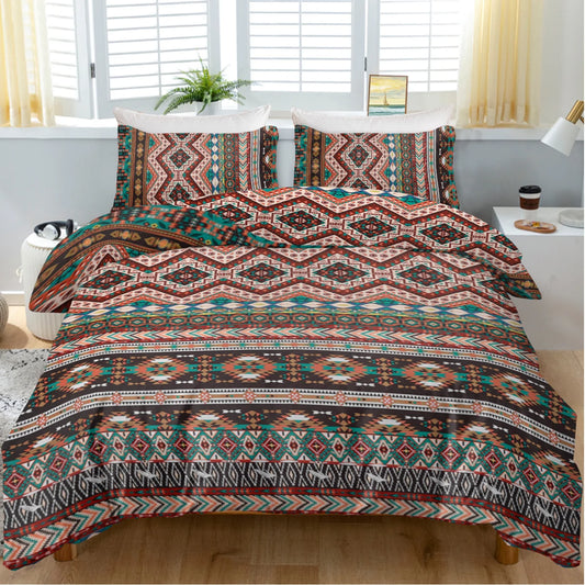 3pc Red Brown Stripes and Diamond Squares Printed Bedding Set Quilt Cover with Zipper Closure 1 Duvet Cover and 2 Pillowcases