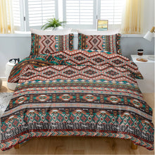 Load image into Gallery viewer, 3pc Red Brown Stripes and Diamond Squares Printed Bedding Set Quilt Cover with Zipper Closure 1 Duvet Cover and 2 Pillowcases
