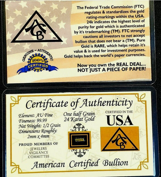GOLD BAR ACB 1/2GRAIN 24K SOLID BULLION 9999 MINTED FINE CERT OF AUTHENTICITY
