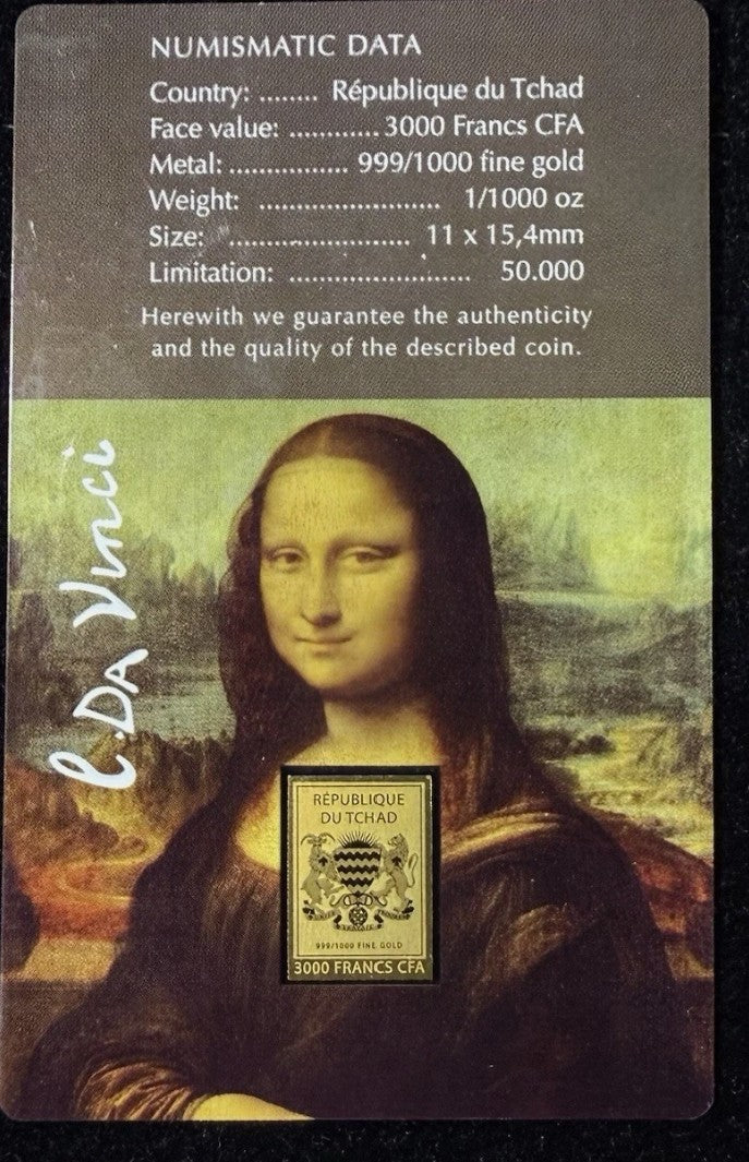 Mona Lisa by Da Vinci 1/1000 Oz .9999 Commemorative Gold Bar 3000 Francs Chad Gold Coin