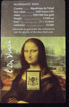 Load image into Gallery viewer, Mona Lisa by Da Vinci 1/1000 Oz .9999 Commemorative Gold Bar 3000 Francs Chad Gold Coin

