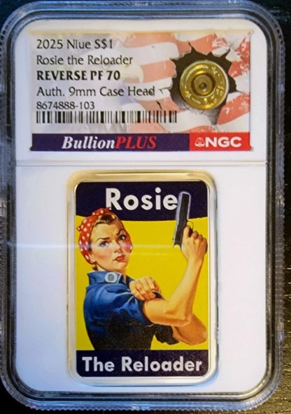 2025 Niue S$1 Rosie The Reloader Reverse PF 70 NGC 1oz Silver with 9mm Bullet Casing