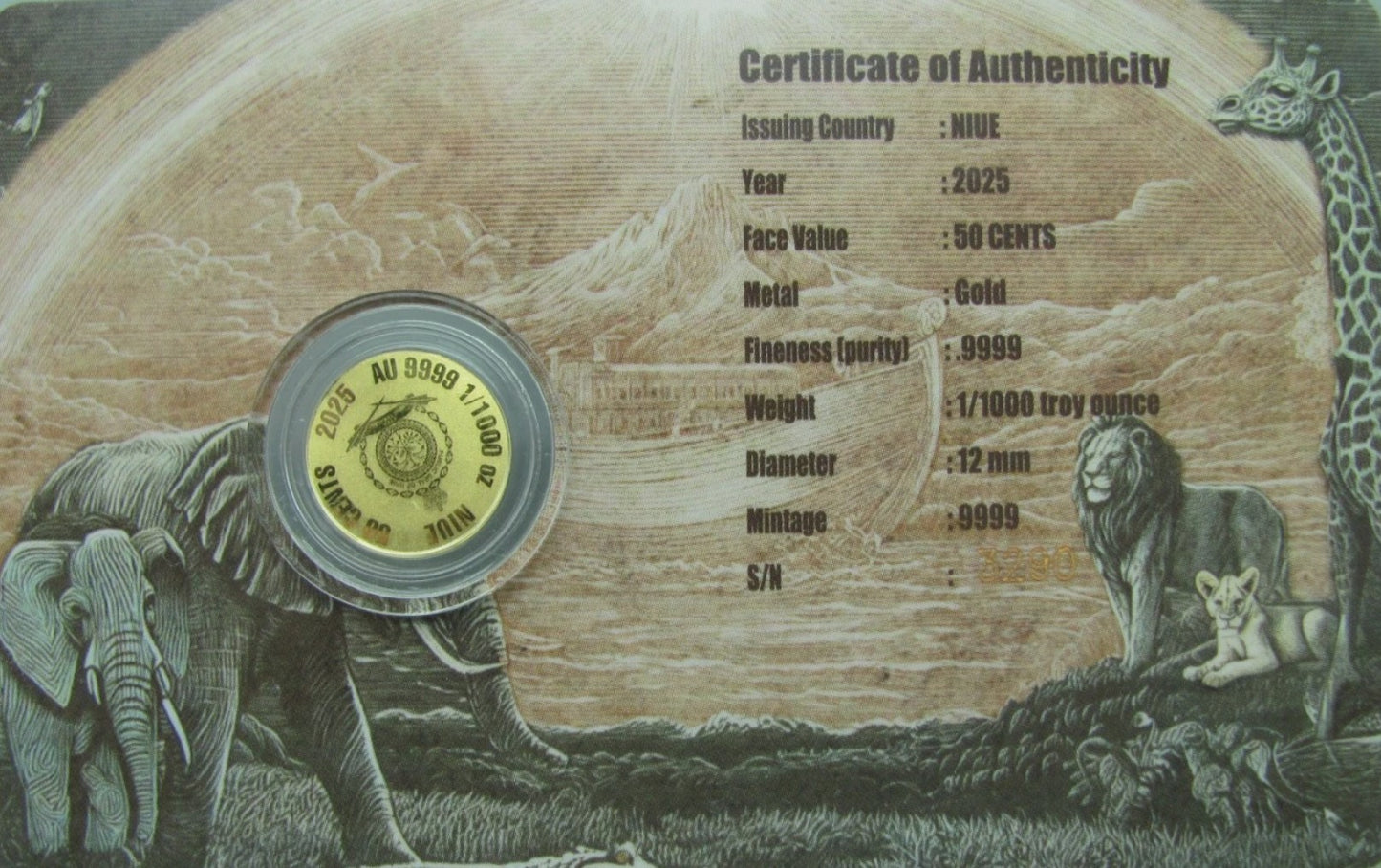 2025 Niue Noah’s Ark 1/1000 oz .9999 Commemorative Gold Coin in Assay Card