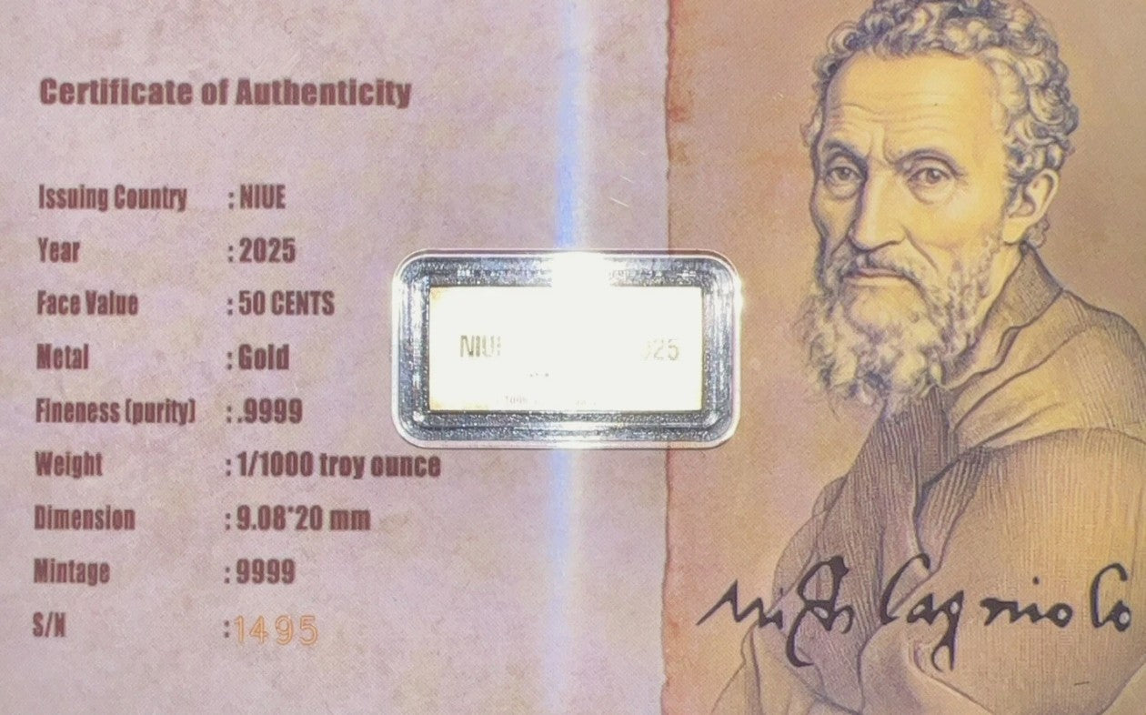 2025 1/1000 Oz .9999 Fine Gold Niue Creation Of Adam Commemorative Gold Bar