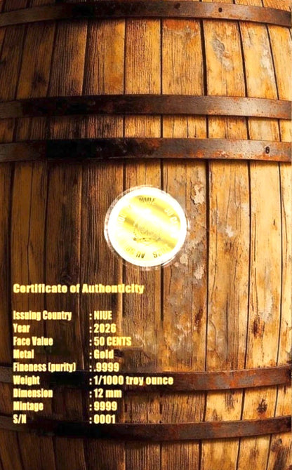 2026 Niue Bourbon 1/1000 oz .9999 Commemorative Gold Coin in Assay