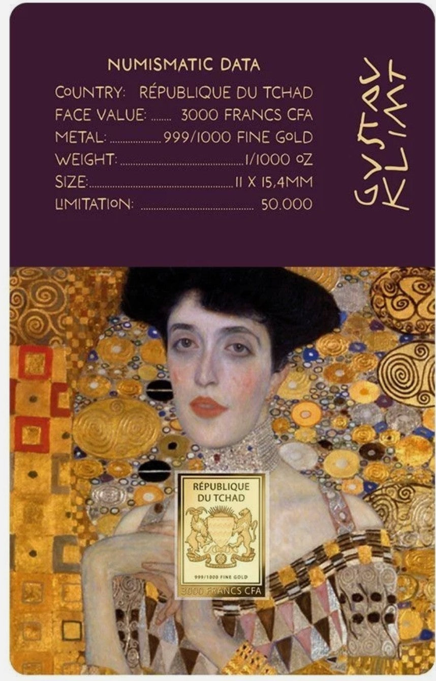 Gustav Klimt Adele 1/1000 Oz Commemorative Gold Bar Coin 3000 Francs Chad 2024