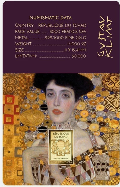 Gustav Klimt Adele 1/1000 Oz Commemorative Gold Bar Coin 3000 Francs Chad 2024