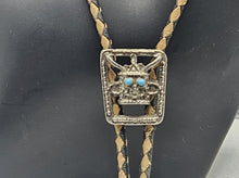 Load image into Gallery viewer, Vintage Native American Leather Bolo Tie With Turquoise Accents 925 Silver
