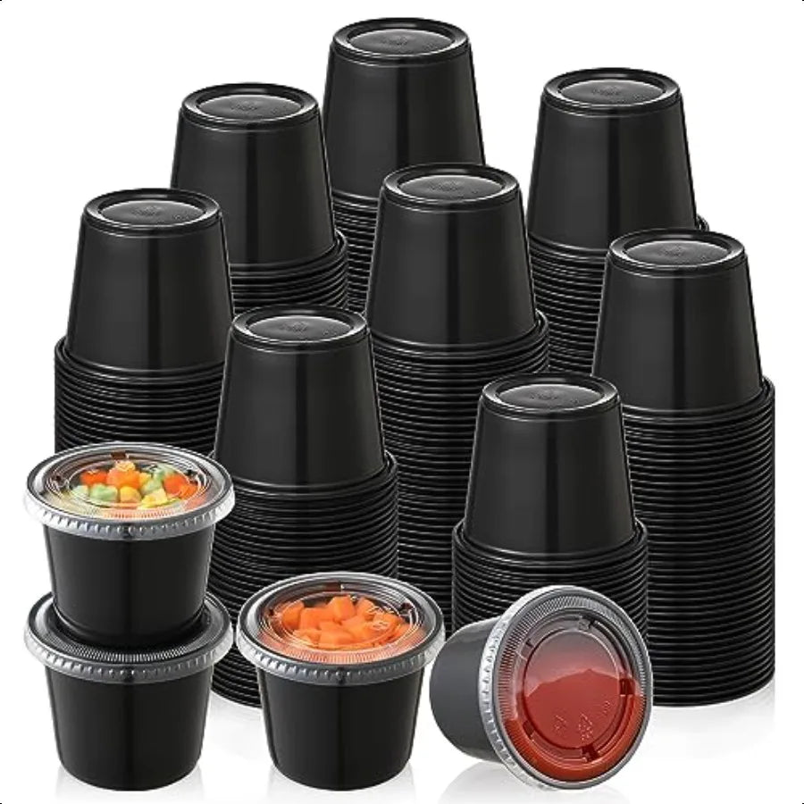 1205.5 oz Black Portion Cups Small Plastic Containers with Lids Airtight and Stackable Souffle Cups Salad Dressing Container Sa