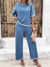 Load image into Gallery viewer, High Quality Elegant Women Clothing 2024 Temperament Casual Solid Color Knitted Shite Sleeved Suit Sweatpants Wide Leg Pants Y2k
