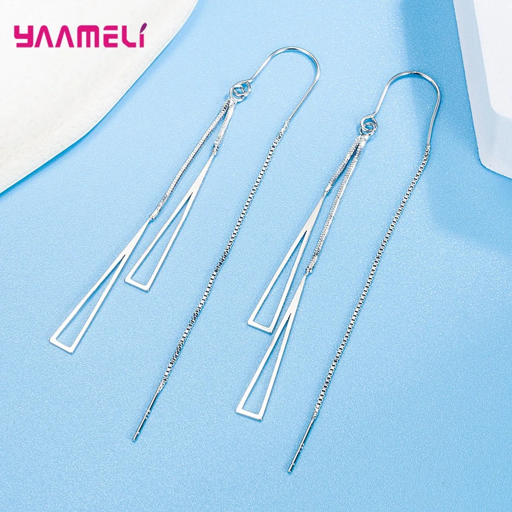 925 Sterling Silver Earrings Fashion Jewelry Simple Geometric Tassel Long Box Chain Thread Pendientes Ear Decoration Ornaments
