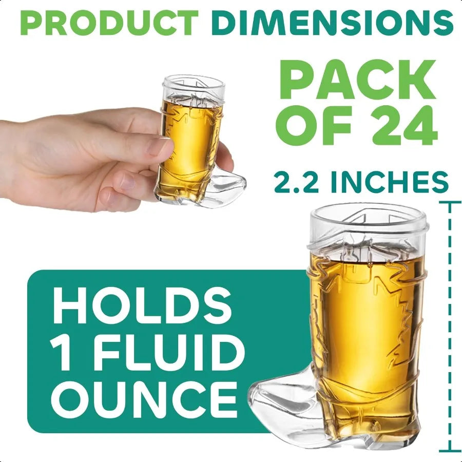 24 Mini Boot Shot Glasses 1 oz Reusable and Disposable Clear Plastic Shot Cups for Cowboy Cowgirl Themed Parties Decorations an