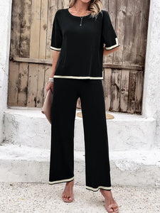High Quality Elegant Women Clothing 2024 Temperament Casual Solid Color Knitted Shite Sleeved Suit Sweatpants Wide Leg Pants Y2k