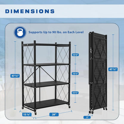 4-Tier Foldable Storage Shelf with Wheels - Metal Collapsible Shelving Unit Display, Rolling Cart for Books Kitchen BLACK