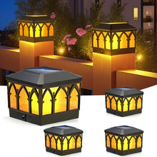 Load image into Gallery viewer, 4 Pack Solar Flame Post Cap Lights, 2 Modes (Flame/Warm), IPX5, Fit 3.5x3.5/4x4 Posts, for Deck/Fence/Yard, Vinyl/Wooden
