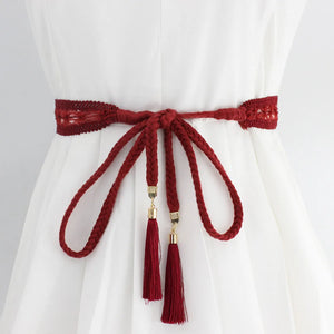 Women Waist Belt Rope Braided Waistband Woven Tassel Thin Belt Female Knot Decorated Waistband Hot Casual Solid Black Belts