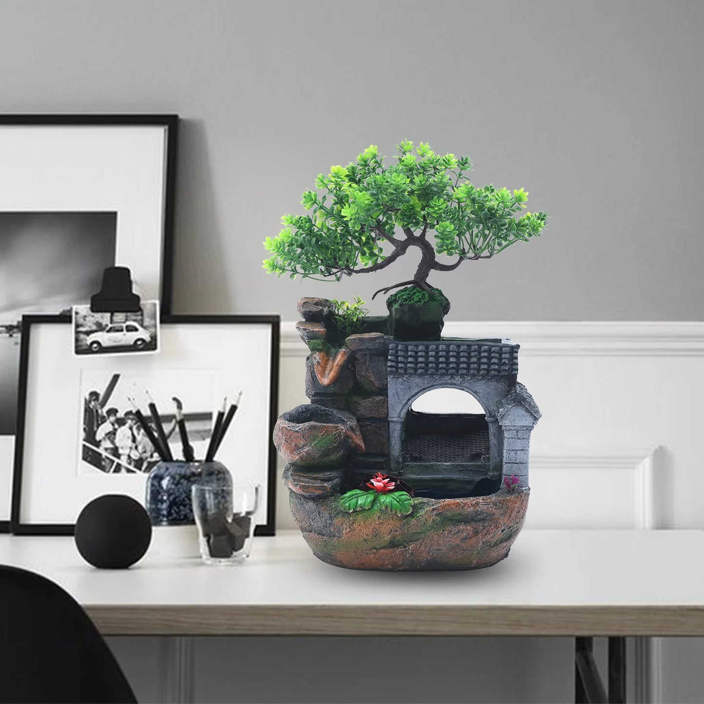 LED Desktop Water Fountain Waterfall Ornament w/ Pump Office Home Indoor Decor