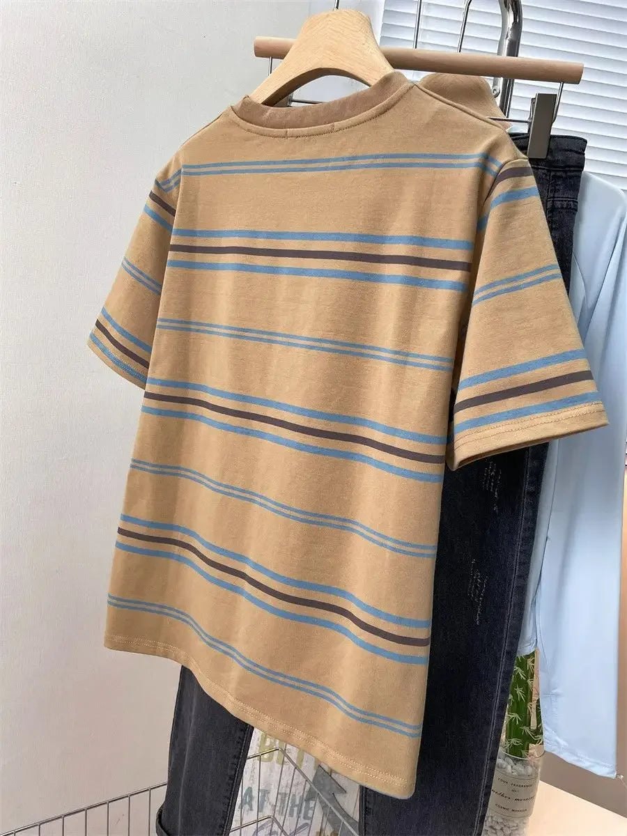Women's Clothing American Beautiful Contrast Stripe Short Sleeve T-Shirt Summer Loose Casual Versatile Fashion Top