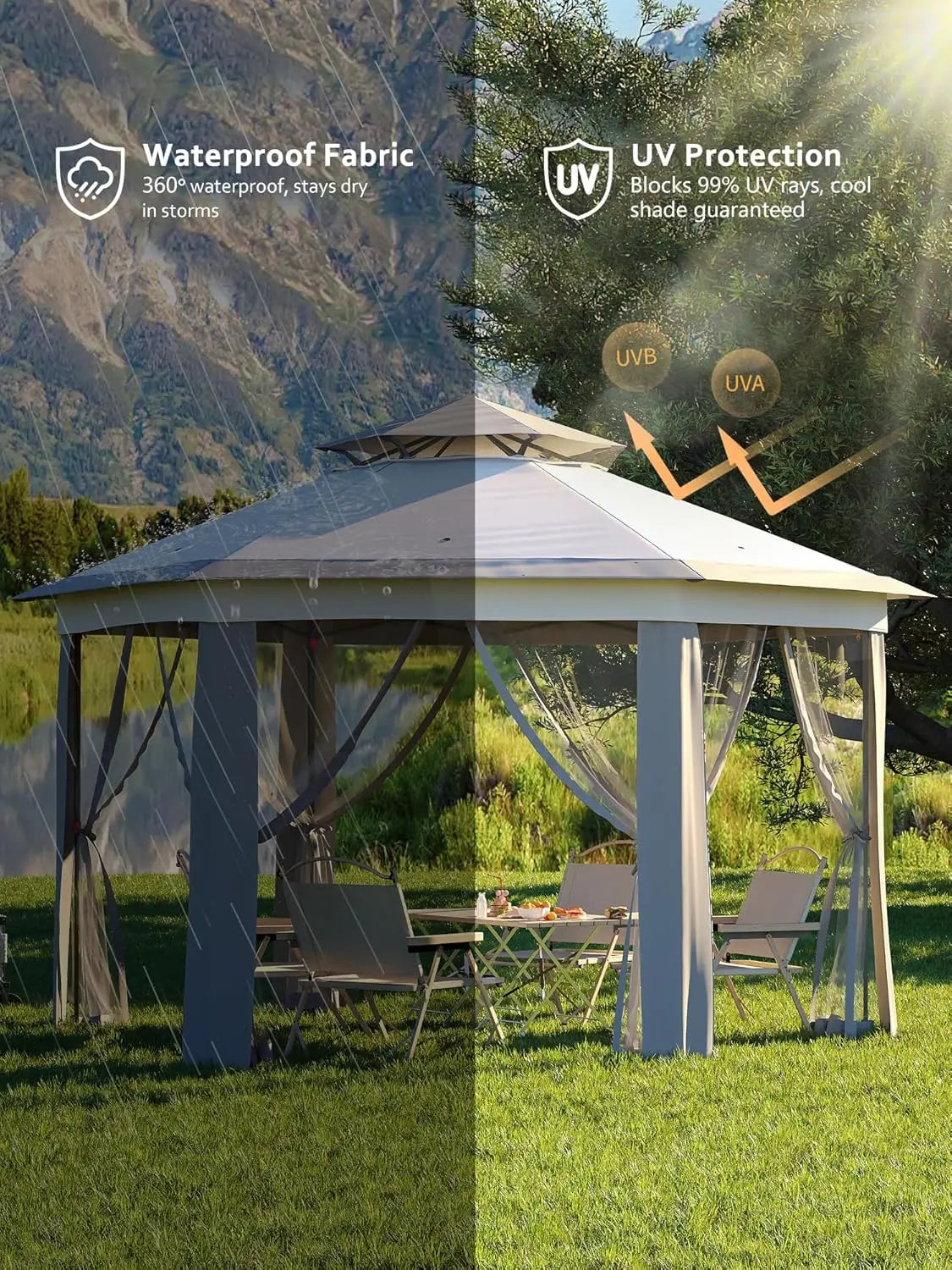 Pop Up Gazebo 13x13ft Hexagonal Canopy Shelter Instant Patio Tent with Mesh Netting Steel Frame for Outdoor Backyard Garden
