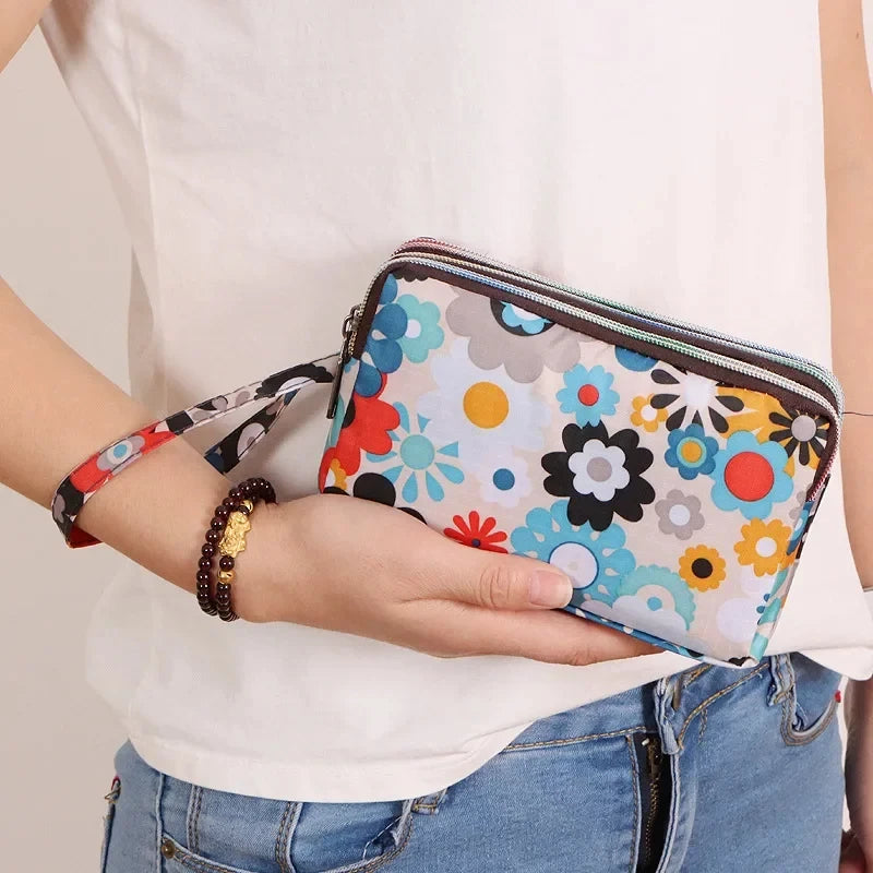Fashion Women's Clutches Three-layer Zipper Waterproof Nylon Colorful Printed Wristlet Bag Key Coin Purse Wallet Phone Holder