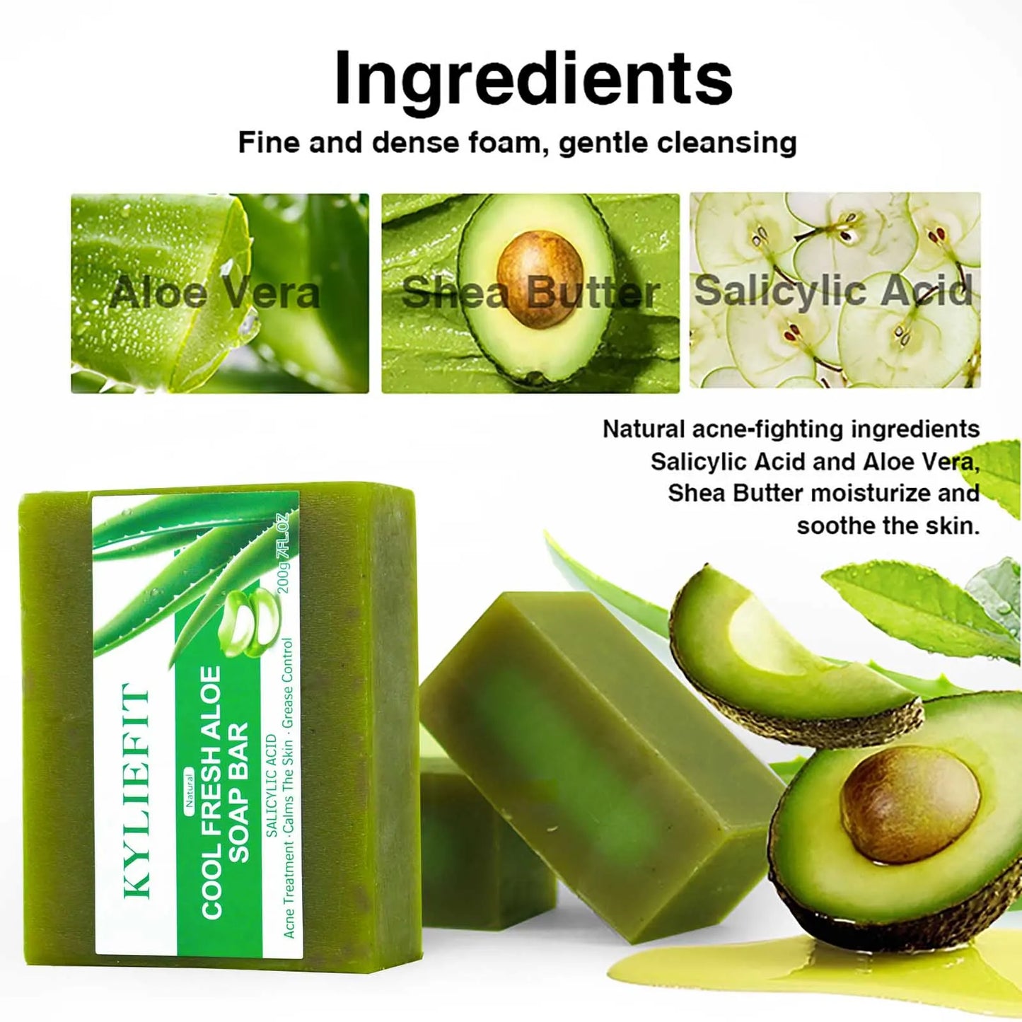 KYLIEFIT Cool Fresh Aloe Vera Soap Bar for All Skin Types, Reduce Spots, Oil Control, Deep Clean, 150g/ 7 oz