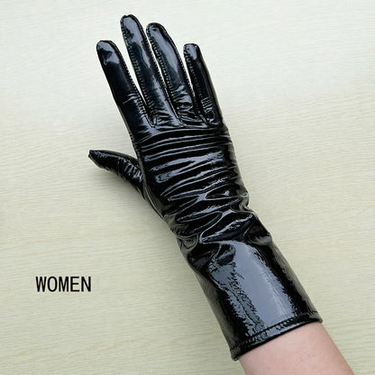 Long Gloves For Women Spring Winter Male Patent Leather Fashion Catwalk Motorcycle Riding Luvas Brilliant Warm Arm Warmer Gants