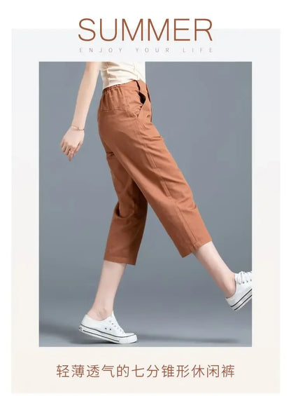 Women Clothing New Summer Simple Casual Cotton Linen Haren Capri Pants Female Solid High Waist Loose Cropped Trousers Pantalones