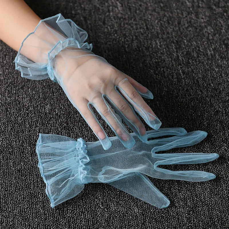 Women Short Tulle Gloves Sexy Lace Mittens Tulle Full Finger Gloves Lady Driving Glove Transparent Mittens Wedding Bridal Gloves