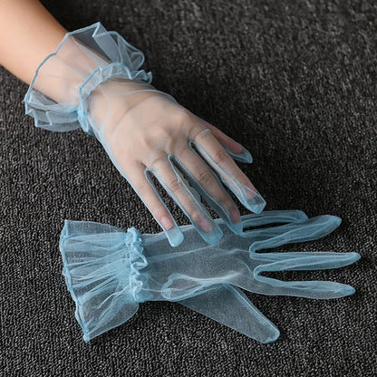 Women Short Tulle Gloves Sexy Lace Mittens Tulle Full Finger Gloves Lady Driving Glove Transparent Mittens Wedding Bridal Gloves