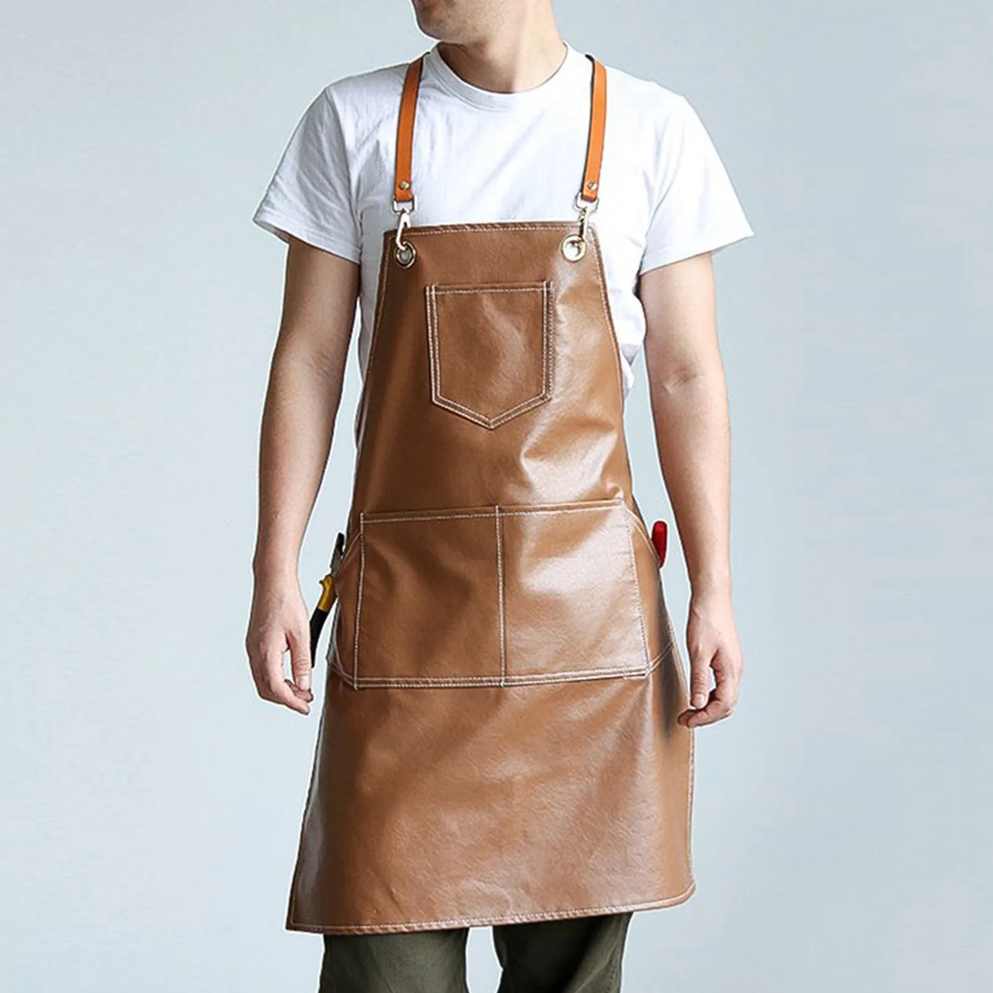 Thickened Leather Working Apron Cross Back Adjustable Chef Apron Waterproof Multi-Pocket Sleeveless Adjustable Strap Clothes