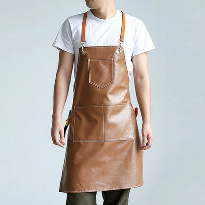Thickened Leather Working Apron Cross Back Adjustable Chef Apron Waterproof Multi-Pocket Sleeveless Adjustable Strap Clothes