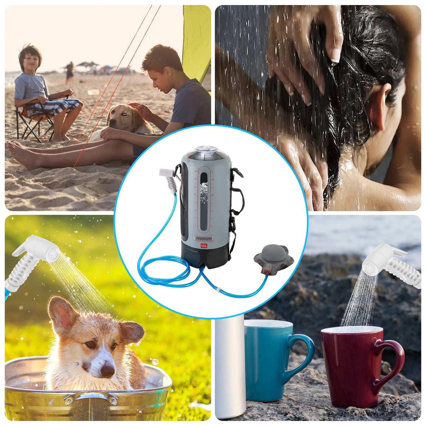 12L Camping Shower Solar Shower Garden Shower with Pump Shower Head Portable and Removable Hose Showers Bag