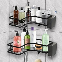 Load image into Gallery viewer, QYQRQF Adhesive Corner Shower Caddy No Drilling Stainless Steel Storage Rack with Hooks for Bathroom Rustproof Space Saving
