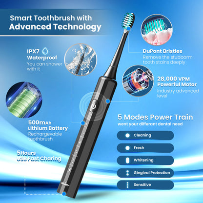 Electric Toothbrush Rechargeable With 8PCS Replacement Head Smart Timing Tooth Brush 5 Modes Teeth Clean Whitening Sonic Toothb