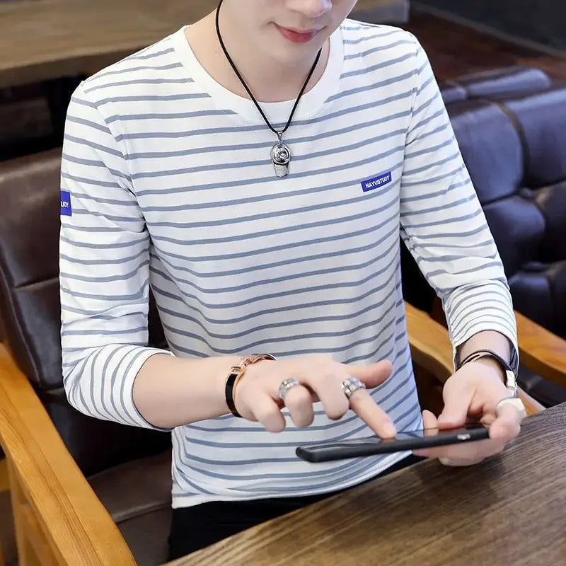 T Shirts for Men Stripe Tops Red Cotton Male Clothes Round Neck Harajuku Fashion Sale High Brand Regular Fit It Full Sleeve Tee