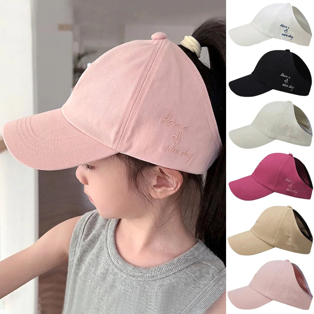 Kids Baseball Caps for Boys Girls Sun Hat Love Heart Hollow High Ponytail Caps Children Adjustable Baseball Caps for 4-12 Years