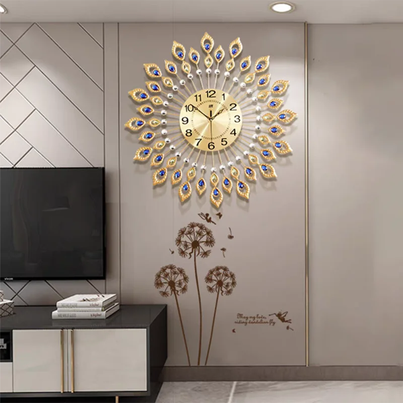 Luxury Large Clock 3D Peacock Retro Wall Decor Digital Clock Modern Art Living Room Decoration