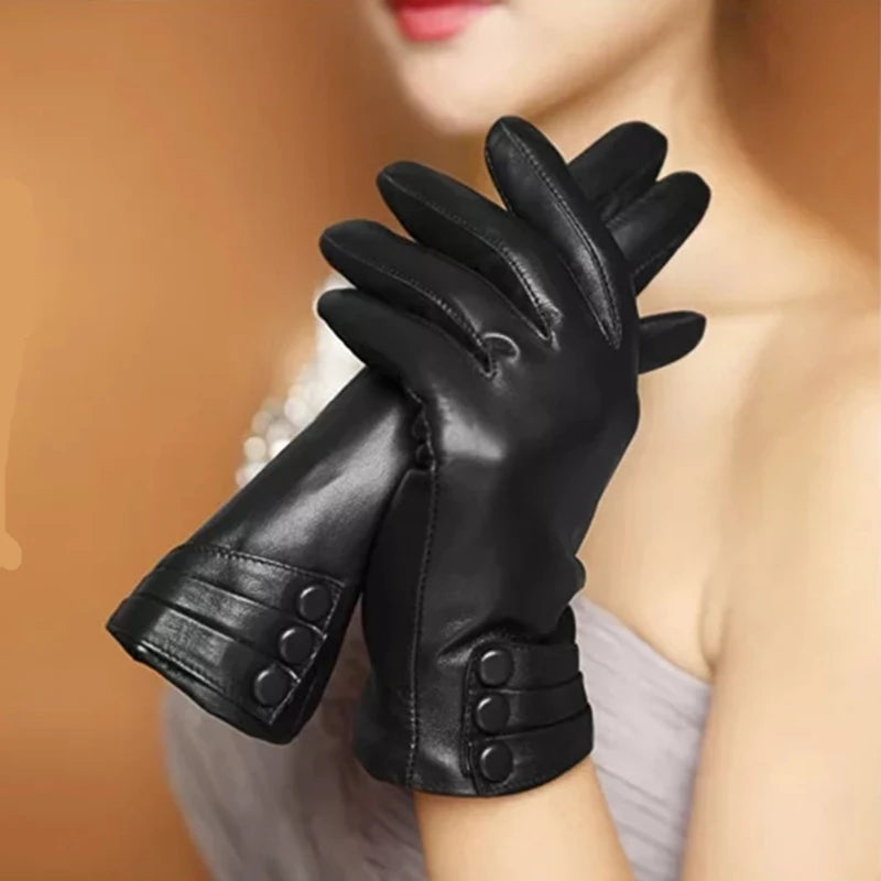 Women's Gloves Winter Outdoor Fashion Comfortable Warm Glove Plush Touch Screen Driving PU Leather Gloves