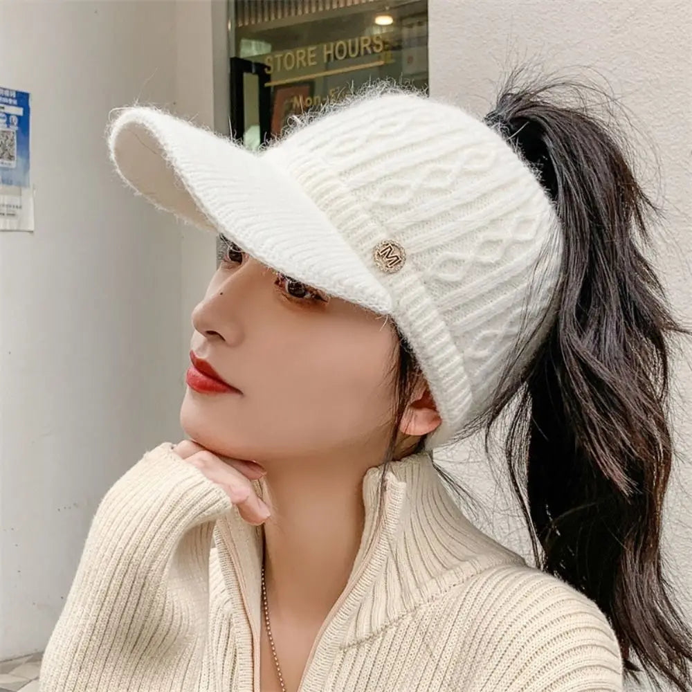 Women Hats 2022 New Autumn Winter Warm Rabbit Knitted Hats Outdoor Sports Golf Ponytail Hat Baseball Caps Empty Top Caps 1PC
