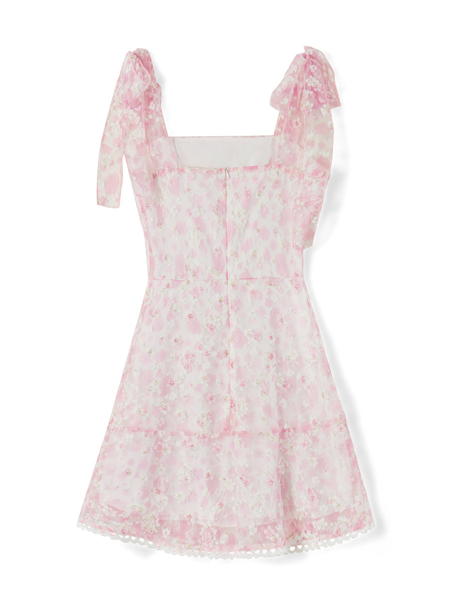 Women Summer Casual Dress Floral Print Tie-Up Shoulder Strap Mini Dress Fashion Double Layer Backless Cami Dress