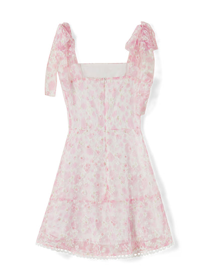 Women Summer Casual Dress Floral Print Tie-Up Shoulder Strap Mini Dress Fashion Double Layer Backless Cami Dress