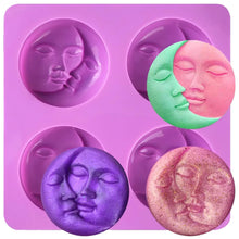 Load image into Gallery viewer, Sun &amp; Moon Silicone Soap Molds 4 Cavity Crescent Moon Face Mould for Homemade Lotion Bar Bath Bombs Polymer Clay Wax Candle Make
