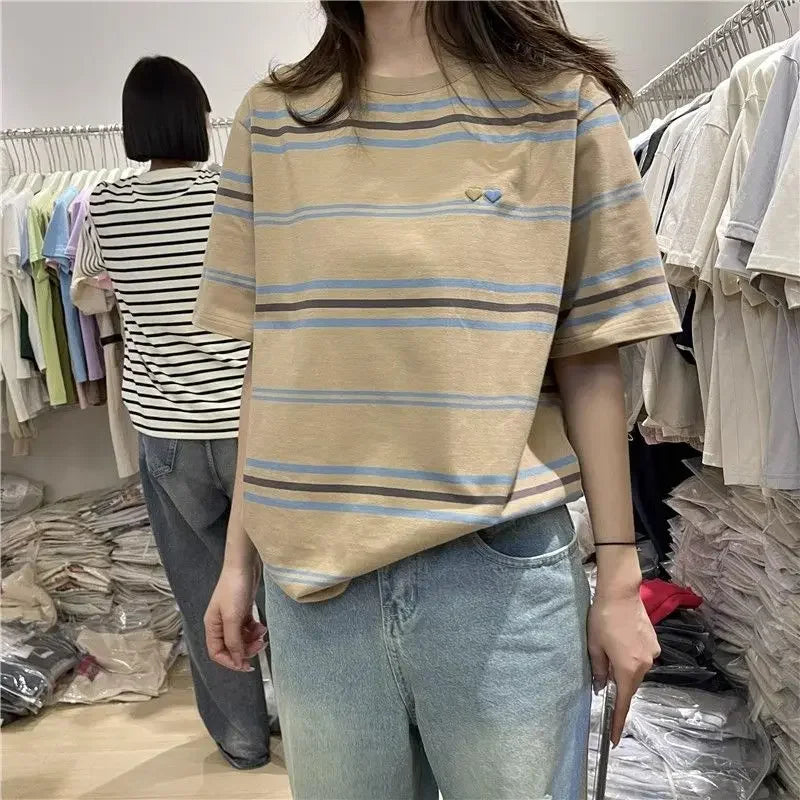 Women's Clothing American Beautiful Contrast Stripe Short Sleeve T-Shirt Summer Loose Casual Versatile Fashion Top