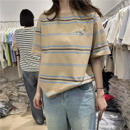 Women's Clothing American Beautiful Contrast Stripe Short Sleeve T-Shirt Summer Loose Casual Versatile Fashion Top