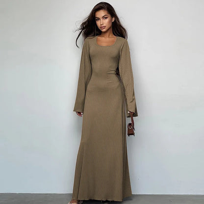 Women's clothing 2025 autumn new product fashionable loose U-neck back tied long sleeved dress