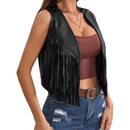 Vintage Fringe Leather Jacket 80s Retro Biker Coat Motorcycle Punk Rock Outerwear Women s Fashion Clothing