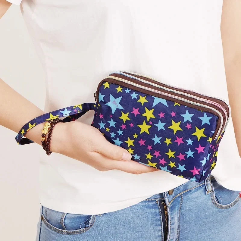 Fashion Women's Clutches Three-layer Zipper Waterproof Nylon Colorful Printed Wristlet Bag Key Coin Purse Wallet Phone Holder